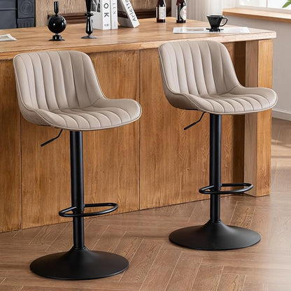 YOUNIKE Khaki White Bar Stools Set of 2 Kitchen Counter Height Barstools Upholstered Swivel Modern Faux Leather Bar Chairs with Backs Adjustable High Breakfast Island Stool with Metal Leg
