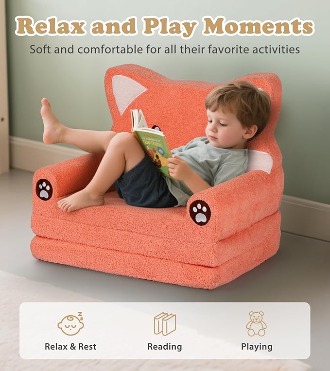 Kids Couch, 2-in-1 Soft Toddler Couch Fold Out with Blanket, Chair Comfy, Foldable Convertible Plush Sofa to Lounger, Gifts for Kids Girl Boys, Fox