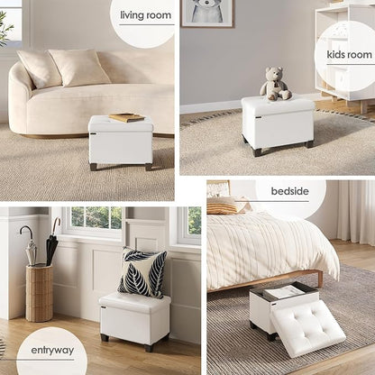 STORAGEBUD Storage Ottoman Cube with Small Bin, 16-in Square Ottoman with Storage for Living Room and Bedroom, Small Ottomans Foot Rest, Faux Leather Foot Stools Ottomans Max 330lbs, Cream