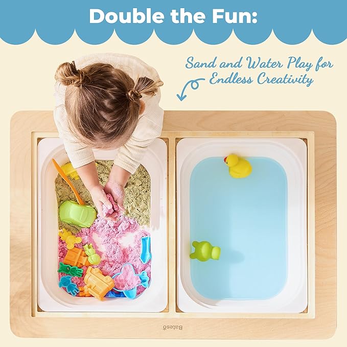 Sensory Table for Toddlers 1-3 with 2 Chairs & Roll Paper, Wooden Kid Activity Table Chair Set with Double-Sided Boards and 2 Storage Bins for Sand and Water Play