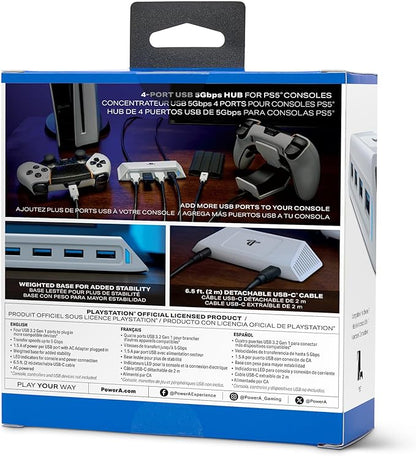 PowerA 4-Port USB 5Gbps Hub for PlayStation®5, USB 3.2, AC Powered, Weighted Base, Officially Licensed