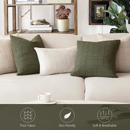 Foindtower Set of 2 Decorative Linen Check Throw Pillow Covers Neutral Farmhouse Lumbar Cushion Covers Modern Boho Home Decor for Sofa Chair Couch Bedroom Living Room Outdoor,12×20 Inch,Olive Green