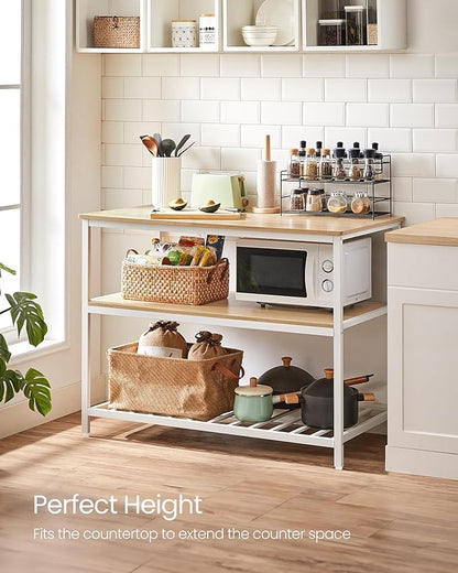 VASAGLE Kitchen Island with 3 Shelves, 47.2 Inches Width Kitchen Shelf with Large Worktop, Stable Steel Structure, Industrial, Easy to Assemble, Oak Color and White UKKI001W09