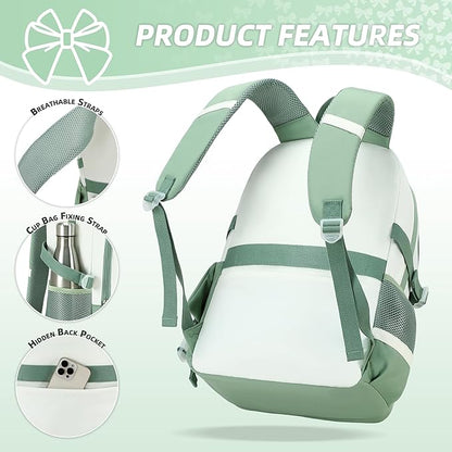 School Backpack for Girls 3PCS Nylon Kids Backpack Set with Lunch Box & Pencil Pouch, Cute Lightweight Teen Girls School Bag Laptop Bag Travel Daypack for Elementary Middle High School Beige Green