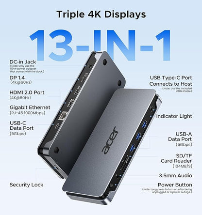 Acer Premium 13-in-1 Docking Station with 110W PD & Triple Monitor Support | Dual 4K HDMI and DP,5Gbps USB A/C,Gigabit Ethernet,Security Lock | Laptop Docking Station for Windows/Dell/HP/Lenovo/Asus