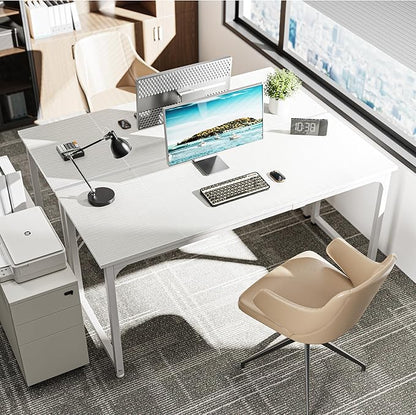 Huuger Computer Desk, 63 Inch Office Desk, Gaming Desk with Storage, Writing Desk Work Desk for Home Office, Study, Modern Simple Desk, Large Legroom, Metal Frame, White