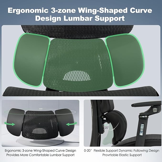 Ergonomic Mesh Office & Gaming Chair with Footrest, High Back Home Office Desk Chair, Comfortable 3D Lumbar Support, 130° Tilt, Adjustable Seat Depth, Adjustable 6D Armrest & 3D Headrest
