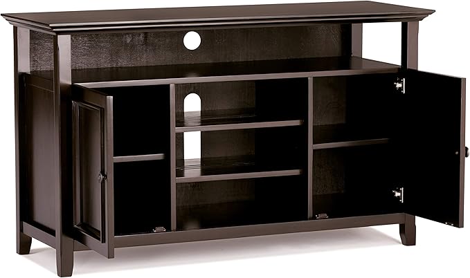 SIMPLIHOME Amherst 54-inch Wide Solid Wood TV Stand in Hickory Brown, Transitional-Style Media Console for Living Room with Adjustable Shelves and Cable Management