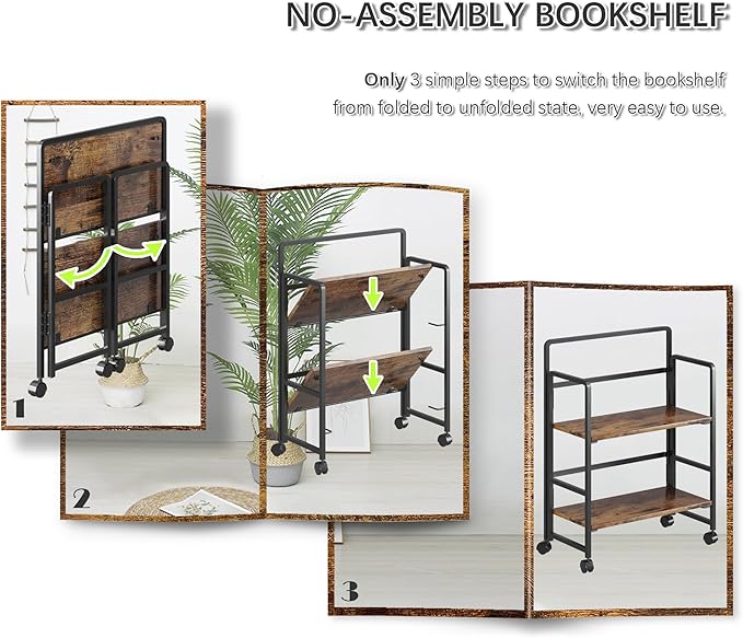 4NM 2 Tiers No-Assembly Folding Bookshelf with Wheels, Portable Rolling Storage Foldable Bookcase & Compact Side Table for Living Room, Bedroom, Kitchen, Bathroom (Rustic Brown and Black)