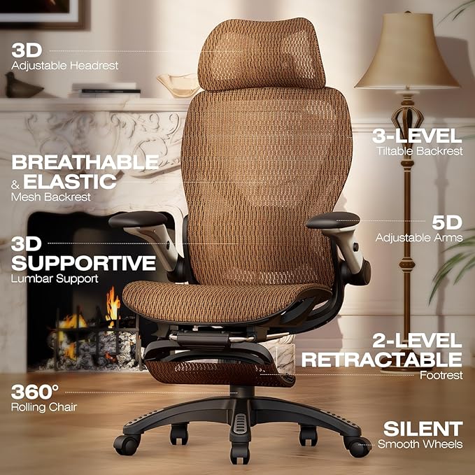 ELABEST X100 Ergonomic Office Chair with Footrest, Big and Tall Home Desk Chair with 5D Flip-Up Arms, Adjustable 3D Lumbar Support,High Back Rolling Computer Chair, Swivel Mesh Chairs