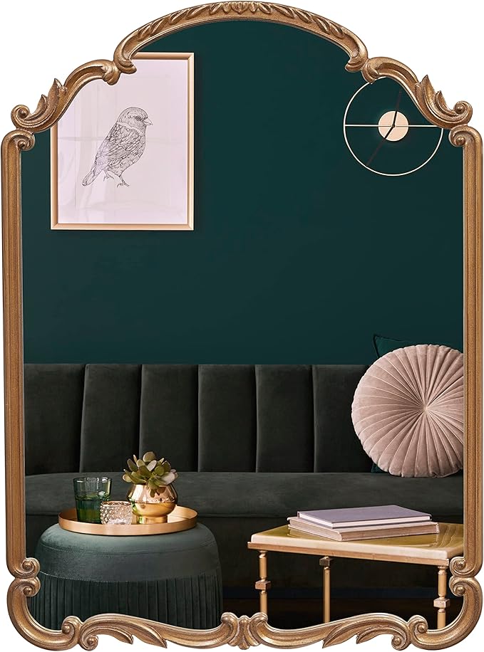 English Estate Carved Arch Wood Wall Mirror, Mirror for Entryway, Living Room, Bathroom, Antique Gold, 22x30
