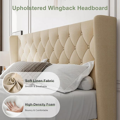 Feonase King Size Bed Frame with Wingback Tufted Headboard, Upholstered Platform Bed Frame with Heavy Duty Wooden Slats Support, Noise-Free, No Box Spring Needed, Easy Assembly, Beige