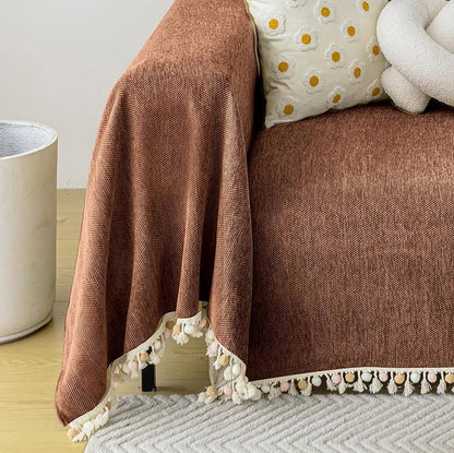 HANDONTIME Boho Style Sofa Cover with Tassels, Washable & Non-Slip Couch Cover for 3 Cushion Sofa, Herringbone Pattern Pet-Friendly Sofa Slipcover, Chocolate Color, 91"x150", Living Room Decor