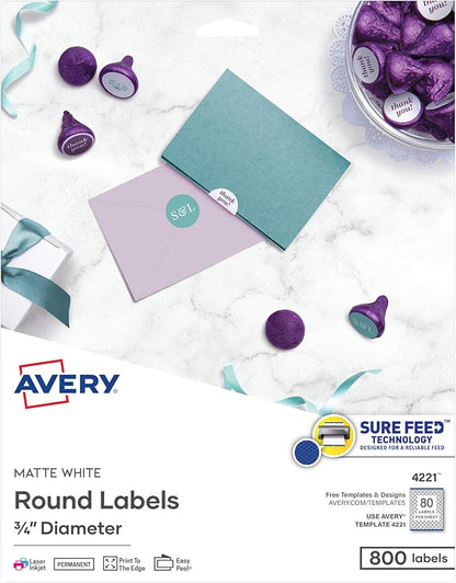 Avery Printable Round Labels with Sure Feed, 3/4" Diameter, Matte White, 800 Customizable Labels (4221)