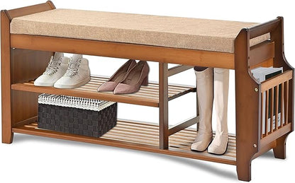 Shoe Storage Bench for Entryway, Bamboo Entryway Bench with Hidden Drawer and Side Brackets,2-Tier Shoe Rack Organizer for Entryway, Hallway,Bedroom and Bathroom