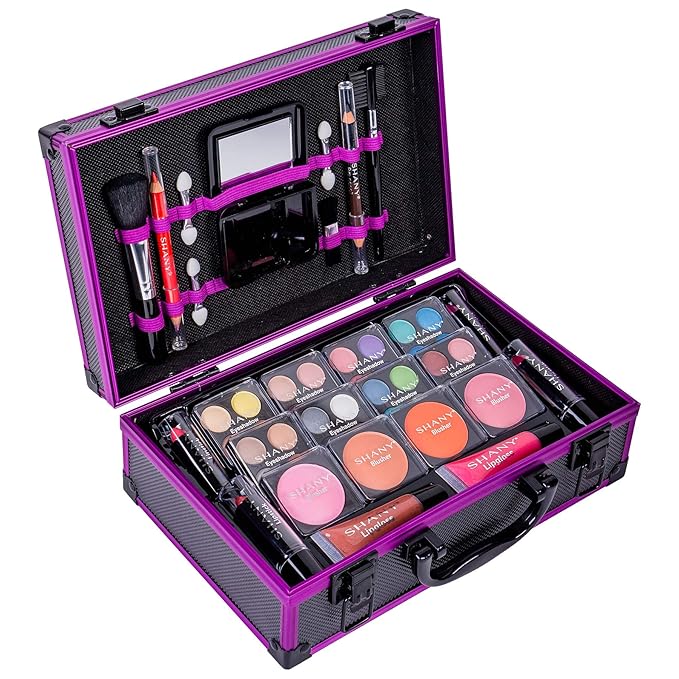 SHANY Carry All Make up Train Case with Pro Makeup Set, Beauty Brushes, Lipsticks, Eye Shadows, Blushes, Powders, and more - Reusable Cosmetics Storage Organizer - Premium Gift Packaging - Purple
