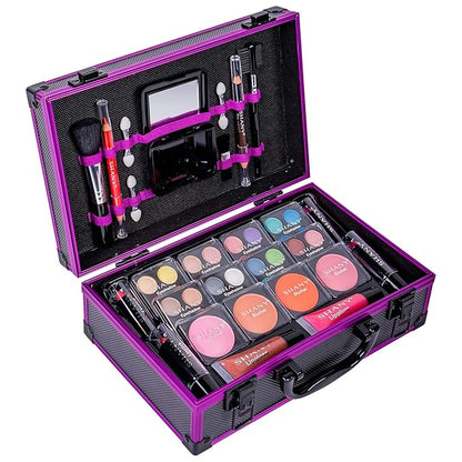 SHANY Carry All Make up Train Case with Pro Makeup Set, Beauty Brushes, Lipsticks, Eye Shadows, Blushes, Powders, and more - Reusable Cosmetics Storage Organizer - Premium Gift Packaging - Purple