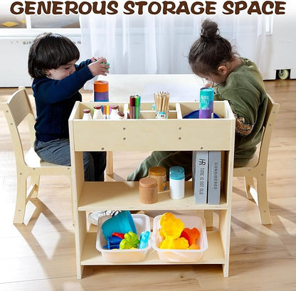 Kids Art Table and Chair Set, Birch Wooden Activity Craft Table, Kids Drawing Table, Toddler Desk with Storage and 1 Chair