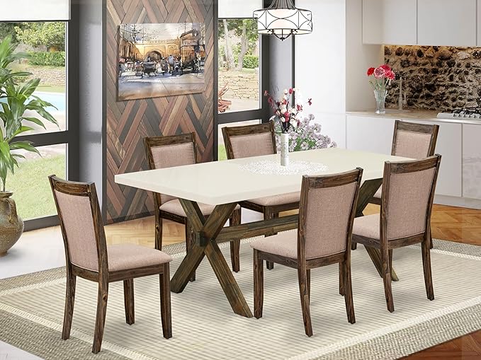 East West Furniture X727MZ716-7 7 Piece Kitchen Table Set Consist of a Rectangle Dining Table with X-Legs and 6 Dark Khaki Linen Fabric Parson Dining Chairs, 40x72 Inch, Multi-Color