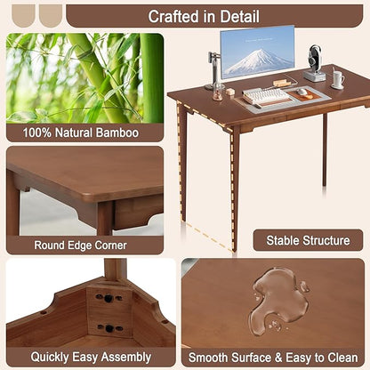 47" Bamboo Computer Desk Study Desk Home Office Desk Writing Table with Drawer, Modern Study Solid Bamboo Multipurpose Table, for Living Room, Bedroom, Walnut Color