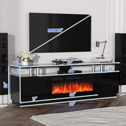 70'' Fireplace TV Stand, Entertainment Center with 36'' Firplace, 2 Tier TV Console Cabinet with Storage Cabinet, Electric Fireplace Heater with LED Light and 12 Flame Colors, Black