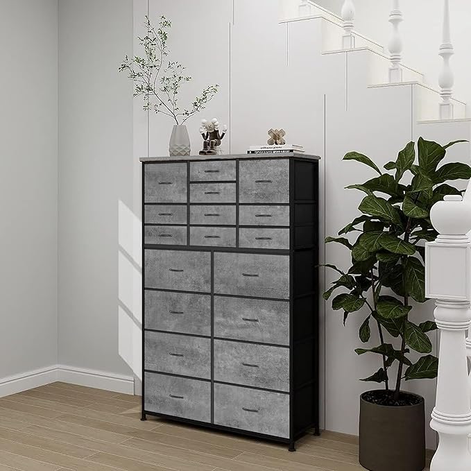 Chest of Drawers for Bedroom, Tall Gray Fabric Dresser with 18 Deep Drawers, Large Clothes Organizer Bin Vertical Storage Cabinet for Closet, Nursery, Office