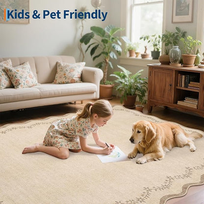 GarveeHome Round Area Rugs 8ft for Living Room, Large Solid Jute Washable Circle Rug Soft Non Slip Forest Animal Print Floor Mat Tan Carpet Indoor Thin Rug for Bedroom Dining Room Playroom Nursery