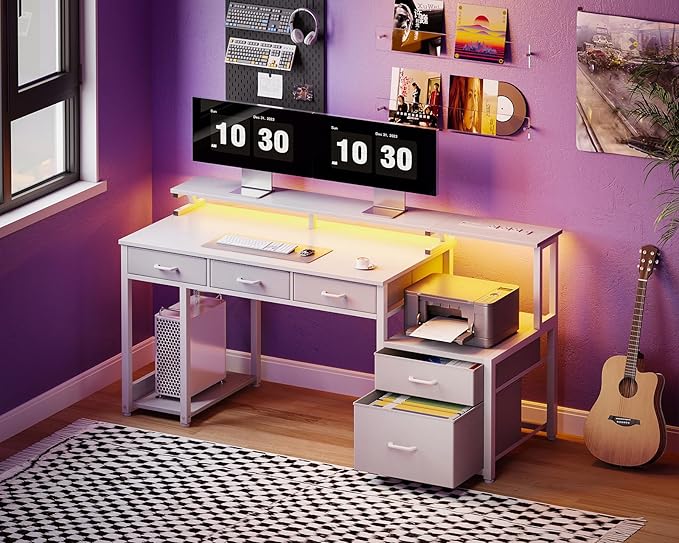 AODK 55 Inch Computer Desk with 3 Drawers and File Cabinet for Storage, Office Desk with Monitor Stand and LED Lights, Home Office Desks, White