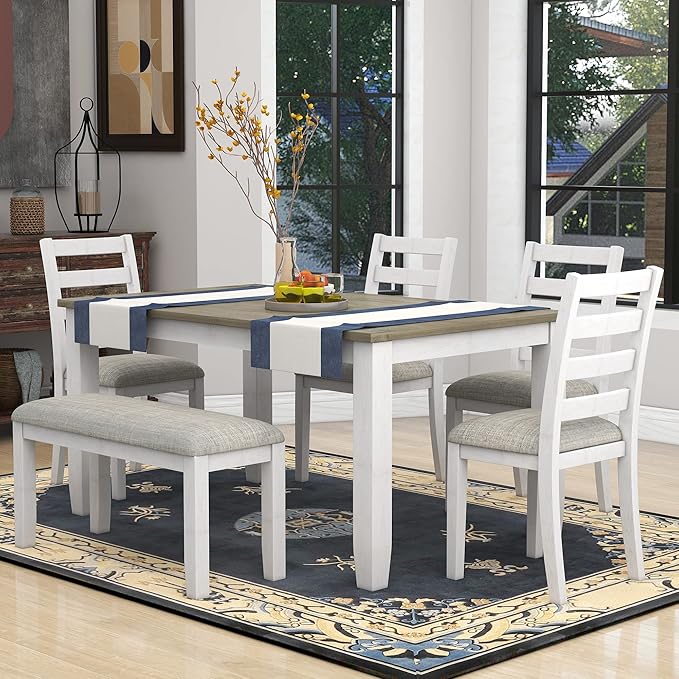 Merax 6-Piece Wooden Rectangular Dining Table Set with 4 Upholstered Chairs and Bench, Whitewash+Brown