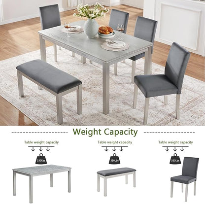 soges 6 Piece Wooden Dining Table Set, Wooden Dining Table with 4 Upholstered Chairs and Bench for 6 People, Rectangular Dining Table Set with Crystal Decoration for Kitchen, Dining Room, Silver Grey