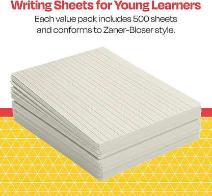 School Smart Zaner-Bloser Writing Paper, Handwriting Practice Lined Paper, Grade 1 Learning, 7/8 Inch Rule, 10-1/2 x 8 Inches, 500 Sheets