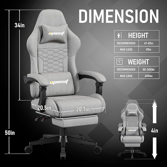 Gaming Chair, Computer Chairs for Adults with Lumbar Support and Massager, Comfortable Gamer Chair with Footrest & Pocket Spring Cushion, Ergonomic Home Office Chair, Grey, Fabric