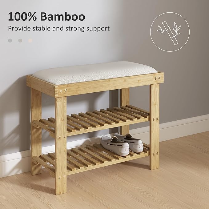 HOMCOM Bamboo Shoe Bench, 3-Tier Entryway Bench with Storage and Cushion, Shoe Organizer for Entryway, Hallway, Holds Up to 331 lbs, 23.6 x 11.4 x 19.3 Inches, Cream White