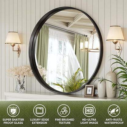 Suidia 24" x 24" Bathroom Mirror, Bathroom Vanity Mirror Metal Framed, Wall-Mounted Mirrors for Bedroom, Living Room, Entryway, Hallway, Black, Round Style