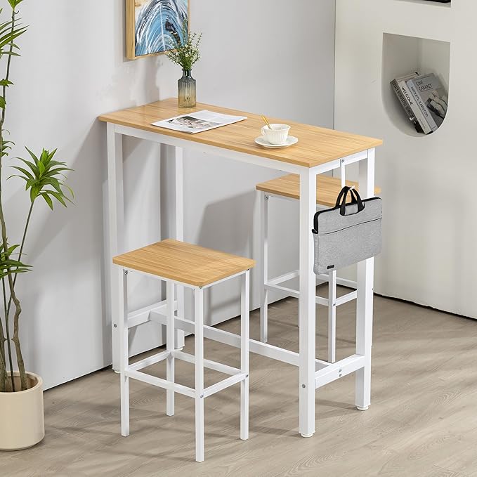 Finnhomy Bar Table Set, 39.3" Pub Table High Top Table, Rectangular Bar Height Table, Bar Table with Stools, Kitchen Table Set for 2, Breakfast for Kitchen, Living Room, Oak Beige and White