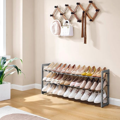 FAVOOSTY 3-Tier Expandable Shoe Rack, Adjustable Shoe Shelf Storage Organizer Space Saving Metal Free Standing Shoe Rack for Entryway Closet Doorway, Silver Grey