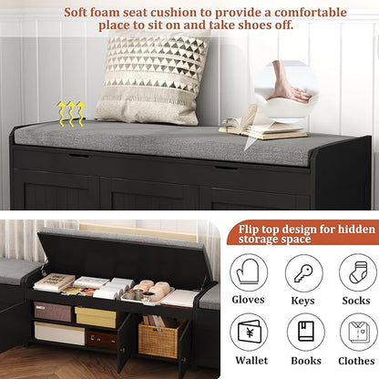 HOMEFORT 41.3" Shoe Bench with Lift Top Storage, Entryway Bench with Cushioned Seat, Wooden End of Bed Bench, Shoe Cabinet Bench with Hidden Storage Space, for Bedroom, Hallway,Black