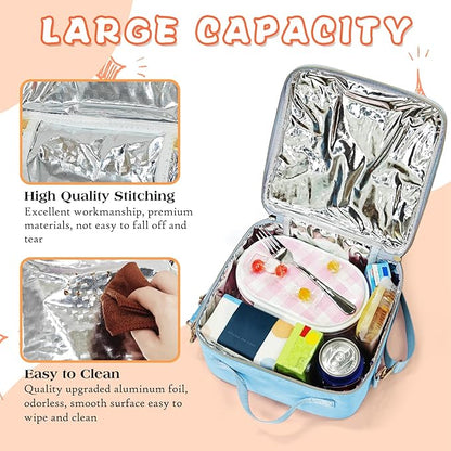 Insulated Lunch Bag Women Lunch Box Kids for Teen Girls Boys, Cute Preppy Lunch Boxes With Adjustable Shoulder Strap, Waterproof Nylon Lunchbox Lunch Bags for School Work Picnic (Blue)