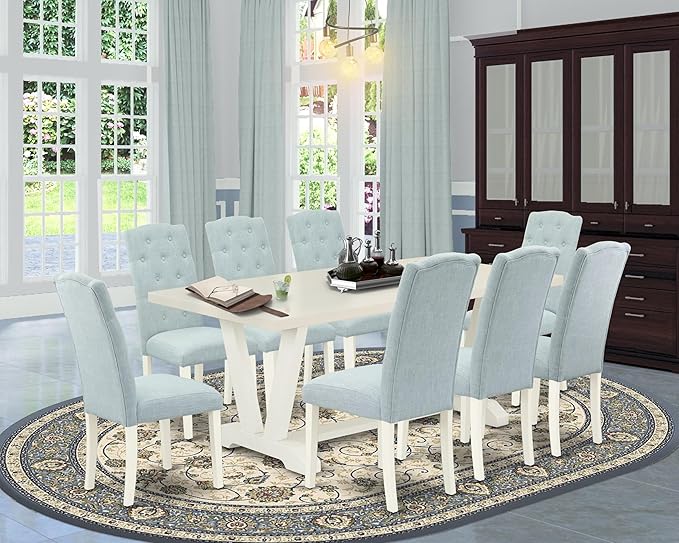 East West Furniture V027CE215-9 9 Piece Dining Table Set Includes a Rectangle Dining Room Table with V-Legs and 8 Baby Blue Linen Fabric Upholstered Chairs, 40x72 Inch, Multi-Color