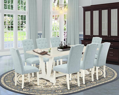 East West Furniture V027CE215-9 9 Piece Dining Table Set Includes a Rectangle Dining Room Table with V-Legs and 8 Baby Blue Linen Fabric Upholstered Chairs, 40x72 Inch, Multi-Color