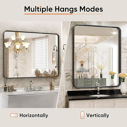 DUMOS Black Vanity Bathroom Mirror for Wall, Metal Framed Rounded Rectangular Modern Mirrors for Over Sink, 30x40 Inch for Farmhouse, Tempered Glass, Hangs Horizontally or Vertically