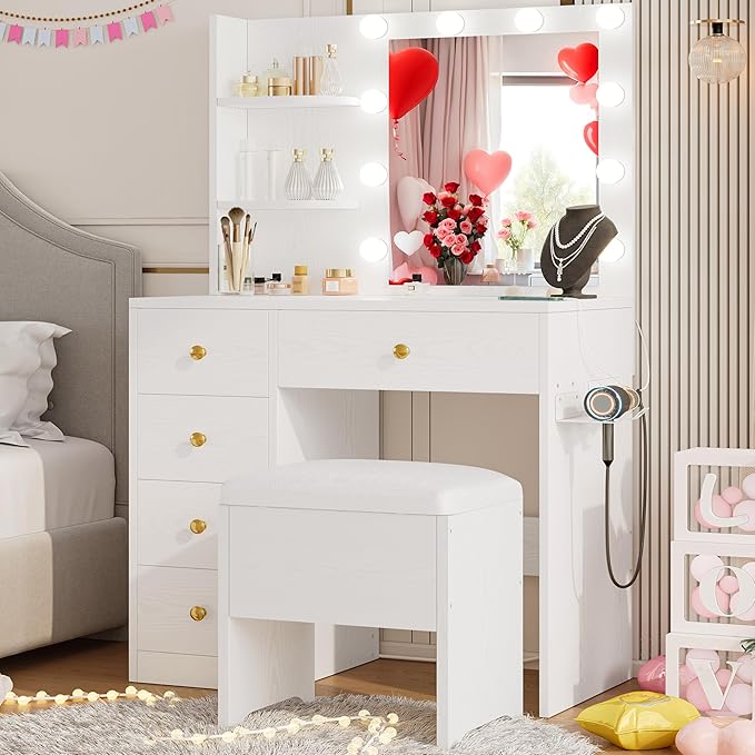IRONCK Vanity Desk with Mirror and Lights, Small Makeup Vanity Table with 5 Drawers, Power Outlet, and Vanity Stool, 3 Lighting Colors, Dressing Table for Women Girls Bedroom, White