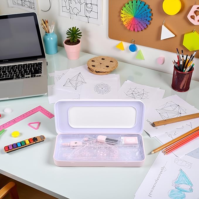 7Pcs Pink Compass Protractor Set with Portable Box Geometry Drafting Tools Set Multi-Purpose Math Drawing Rulers for Boy Girl Drafting Tools and Drafting Kits