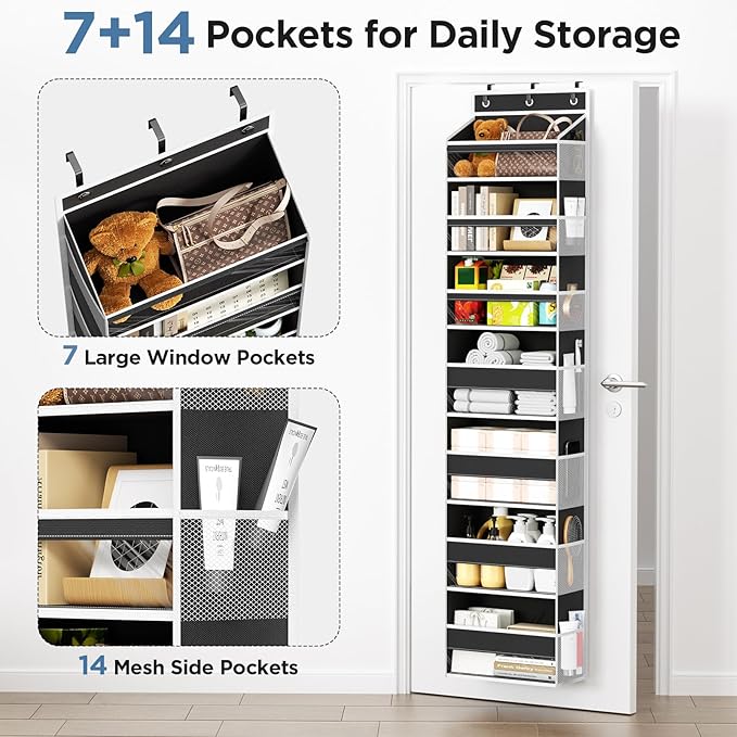 Over The Door Organizer, 7 Tier Door Hanging Organizers with 7 Large Pockets 12 Side Pockets, Behind Door Storage Hanging Shelves for Closet Bathroom Bedroom Nursery