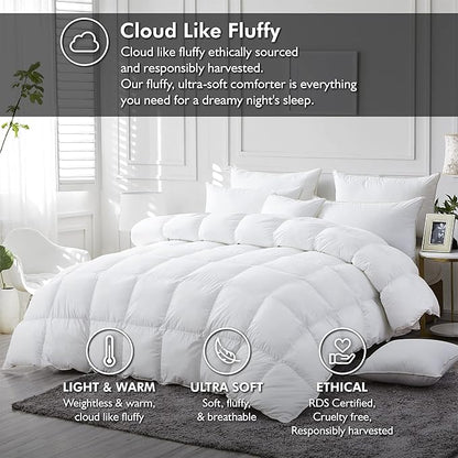 Luxurious White Solid Medium Weight, King Size Goose Feathers Down Comforter for All-Season Weather Duvet Insert, Premium Baffle Box, 100% Egyptian Cotton Cover, 65 oz. Fill Weight
