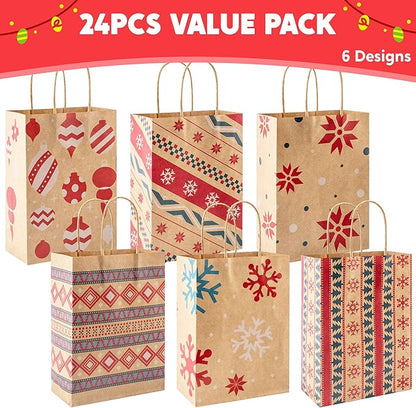 JOYIN 24 PCS Christmas Kraft Gift Bags Xmas Paper Goody Wrap Bags with Durable Handles and Non-Breaking Bottoms for Holidays, Birthdays, Classrooms and Party Favors (8.27 x 5.91 x 3.15)