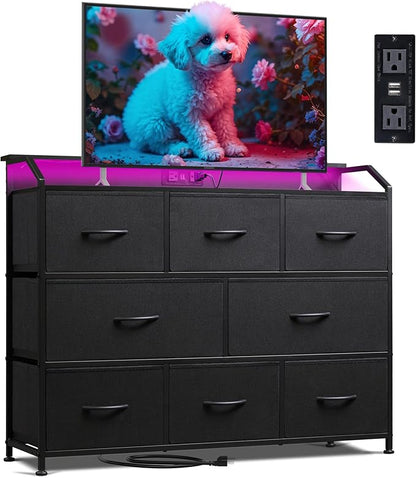 WLIVE Led Dresser for Bedroom, Black Dresser TV Stand for Bedroom with LED Lights and Power Outlet, Wide Chest of Drawers for Hallway, 8 Fabric Drawers for Living Room and Entryway, Easy to Assemble