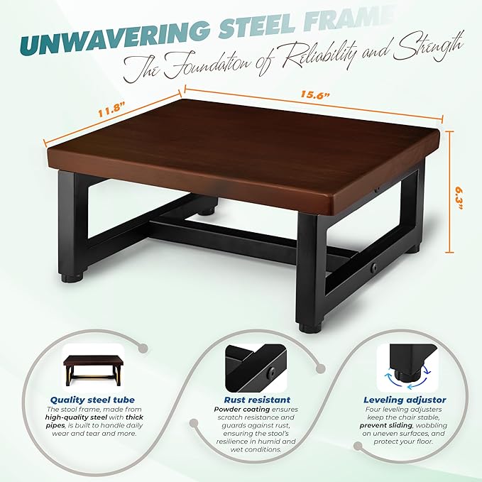 Wooden Step Stool – Heavy Duty One Step Stool for Adults, Supports Up to 500 lbs – Sturdy Wood and Steel Frame with Non-Slip Feet – Safe & Durable for Kitchen, Bathroom, Bedroom & More