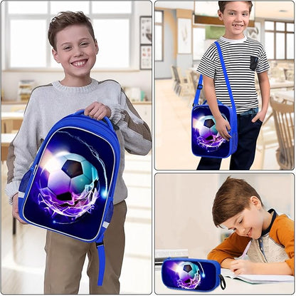 School Backpack for Boys - 4pcs Soccer Boys Backpack with Lunch Box and Pencil Case for Kids Children Teens Elementary Middle School - Students Bag for Ages 6-18,17″Bookbag Travel Back Pack