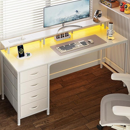 Huuger 55 Inch Computer Desk with Power Outlets and LED Lights, Gaming Desk with 4 Drawers, Office Desk with Monitor Stand, Study Work Home Office, White